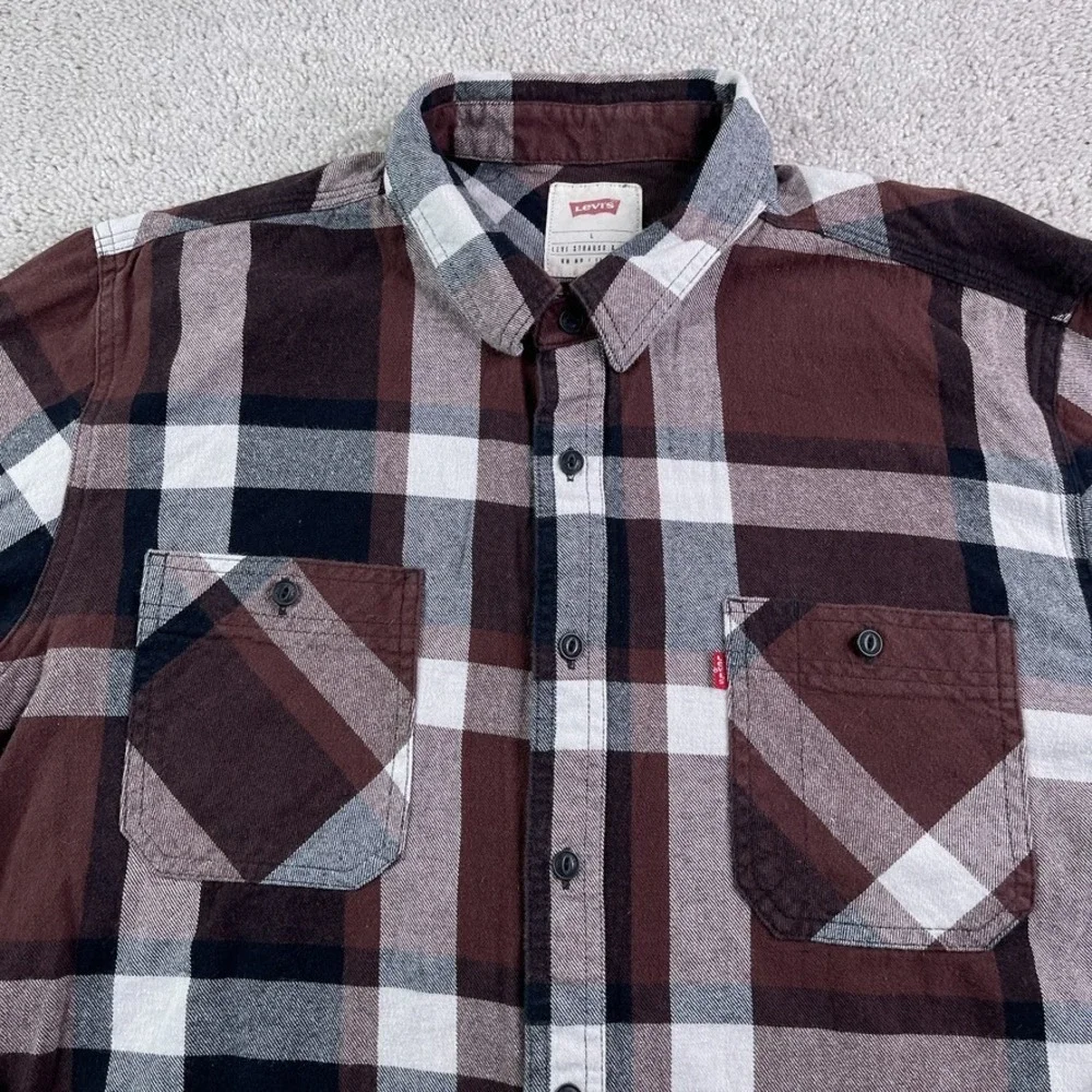 Levis Shirt Mens Large Brown Plaid Flannel Button‎ Up Outdoors Hiking Casual